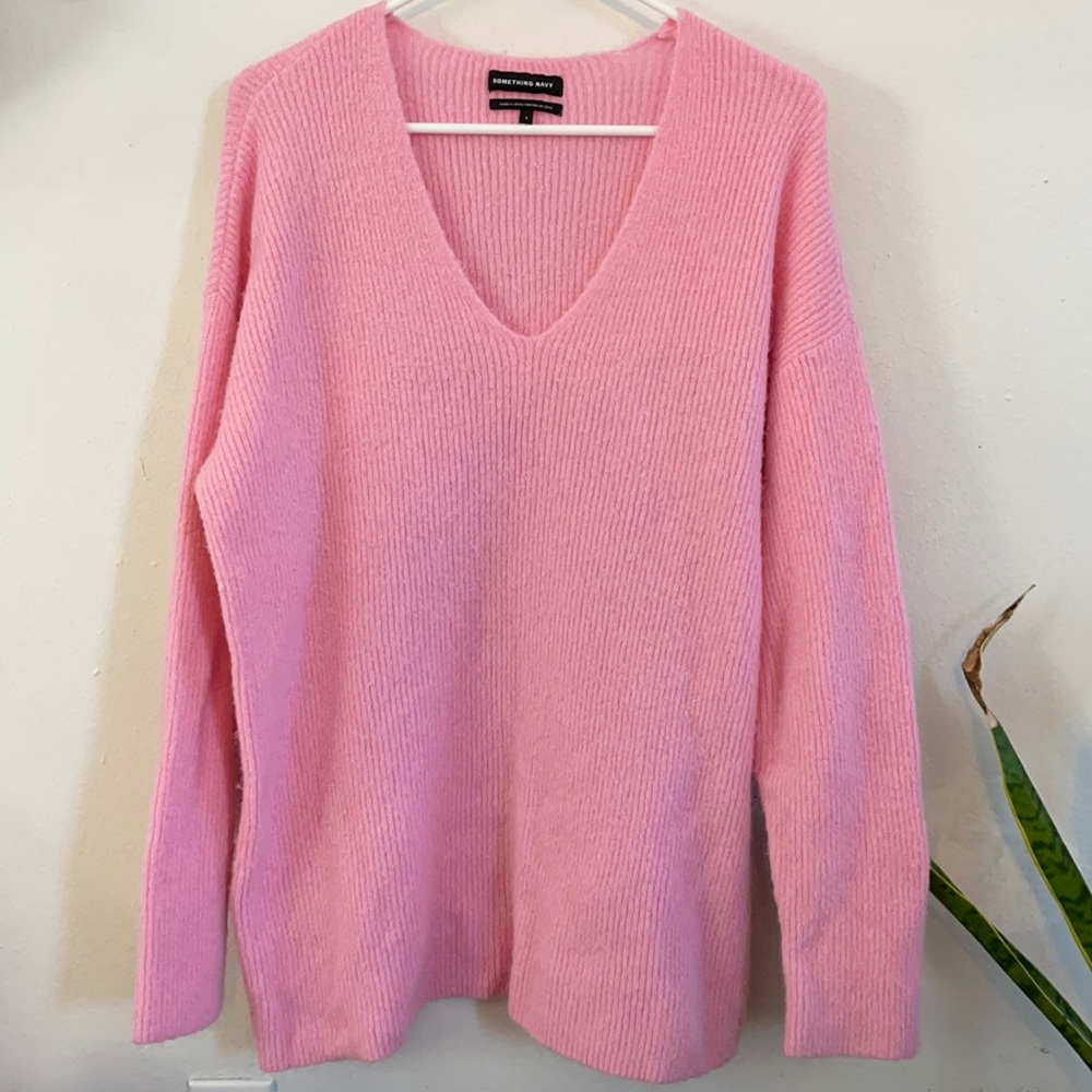 Something Navy Pink V Neck Sweater